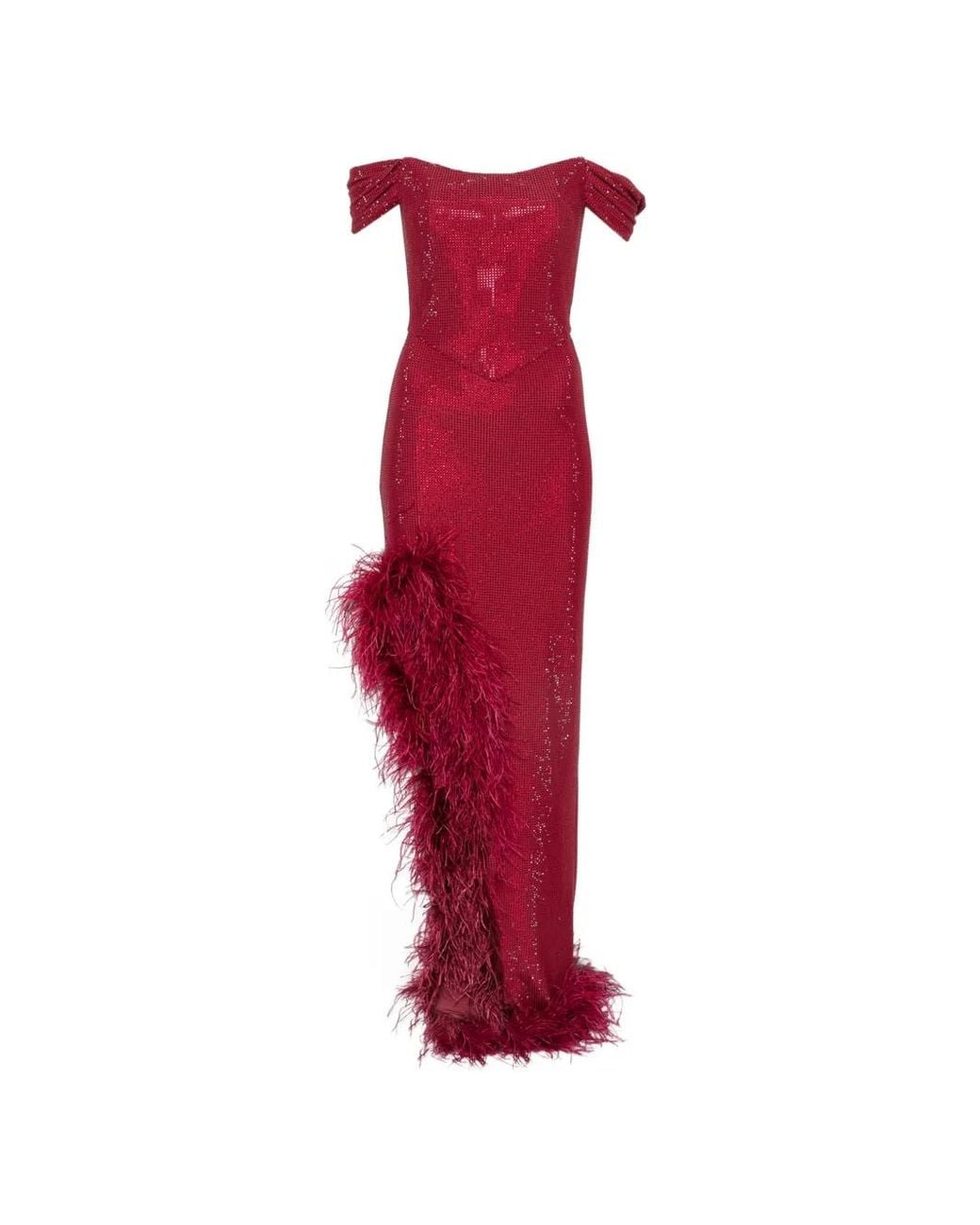 Miron Red Crystal-Embellished Feather-Trim Maxi Dress