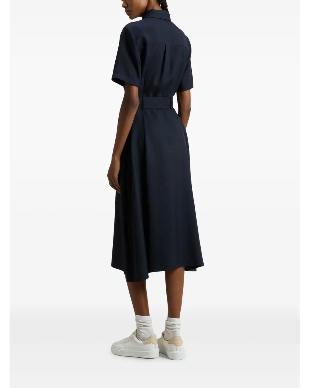 Woolrich Blue Long Dress With Short Sleeves And Belt