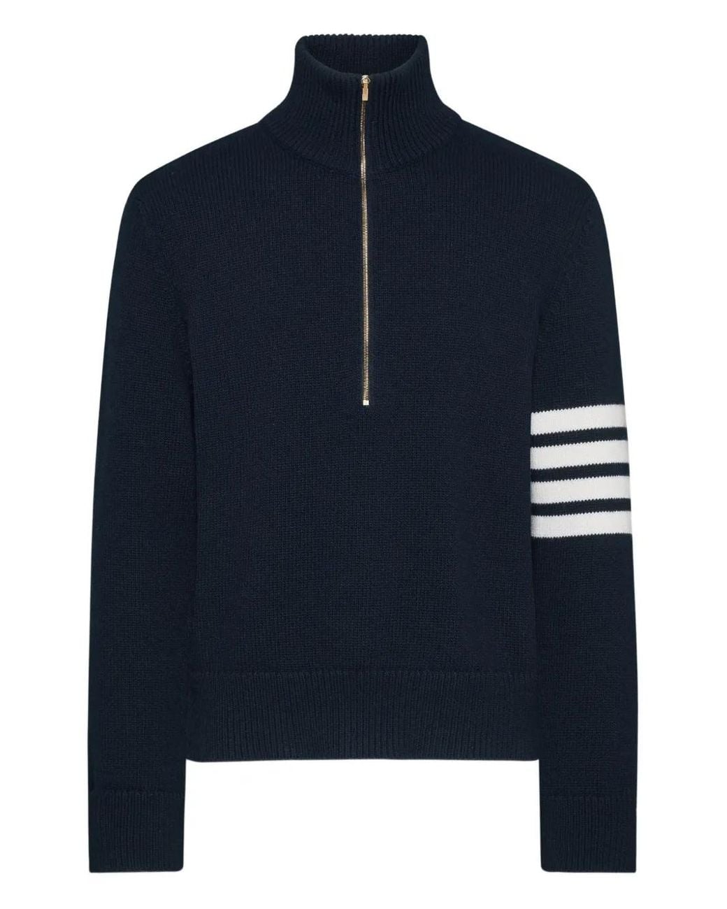 Thom Browne Blue Jersey Stitch Funnel Neck Half Zip Pullover for men