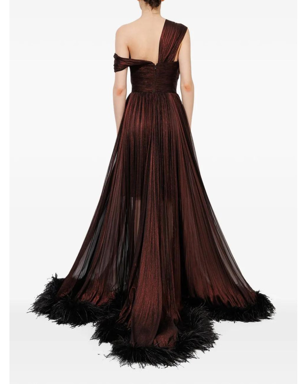 IRIS SERBAN Brown Carla Feather-Trimmed Pleated Gown