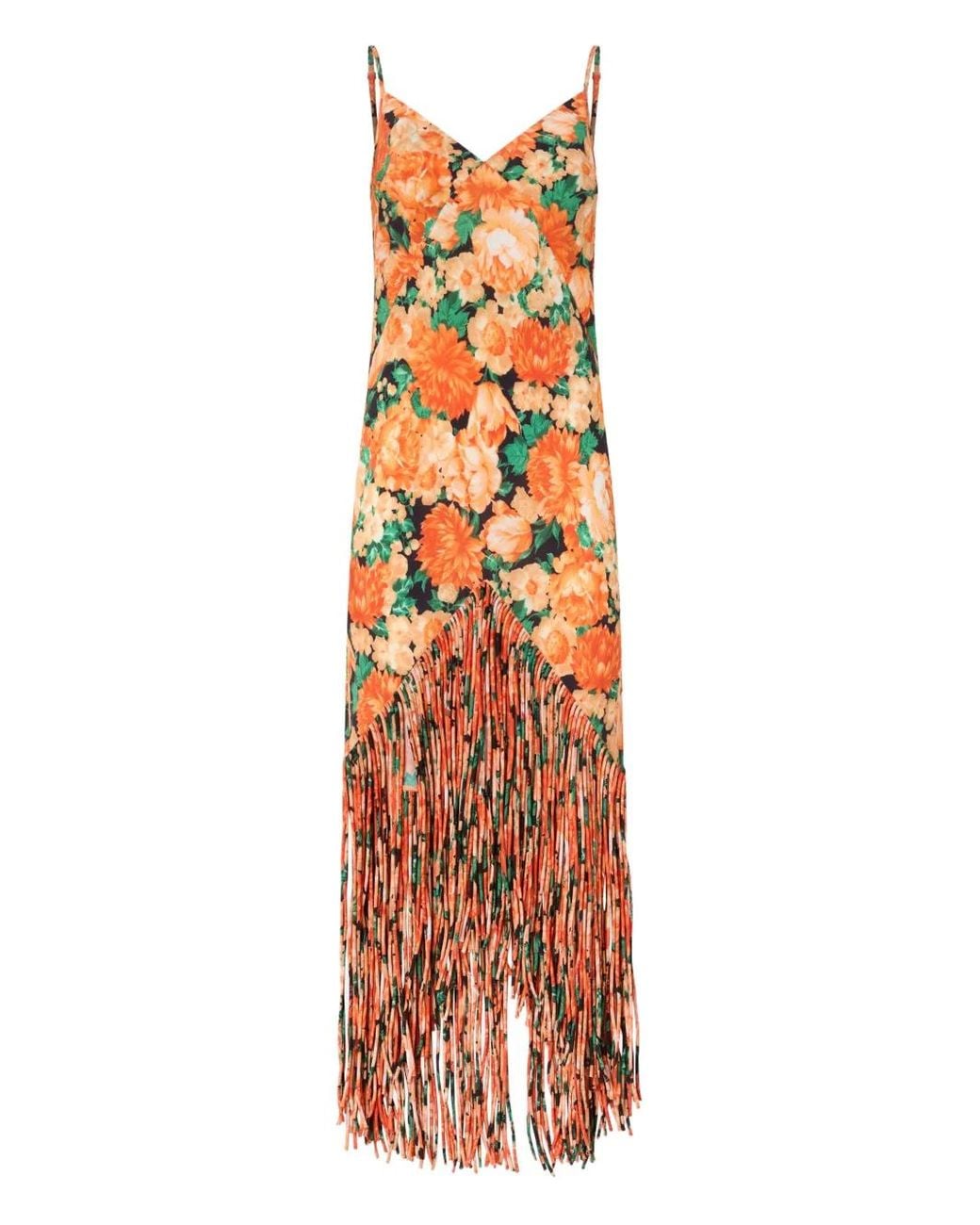 pinko orange dress Pinko Long Dress With Fringing And Botanic Garden Print in Orange