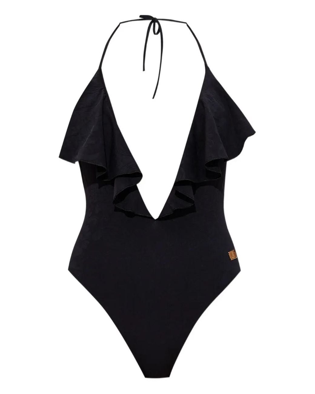 Balmain Black Ruffled Halterneck Swimsuit