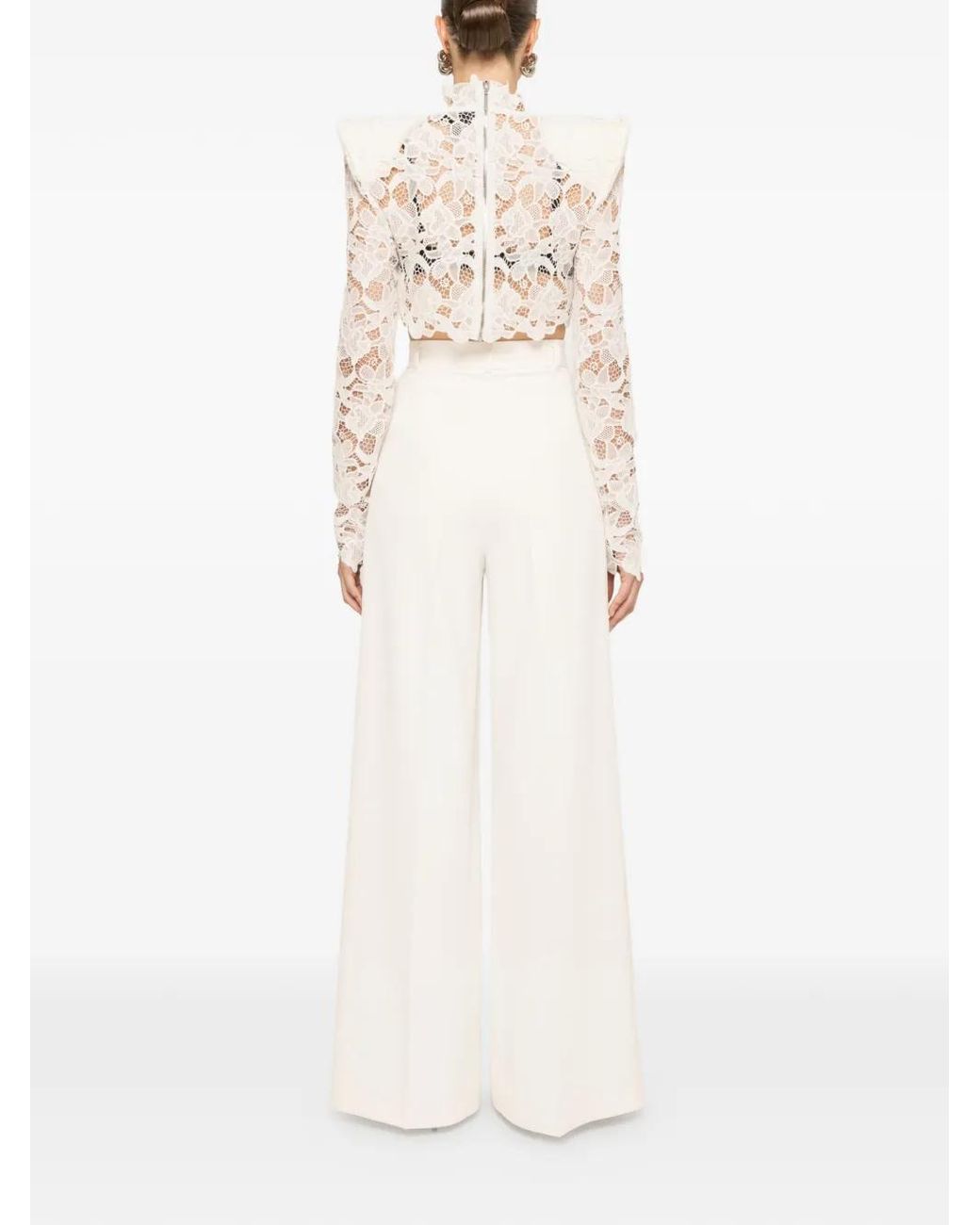 Nissa Natural Structured-Shoulder Lace Crop Top