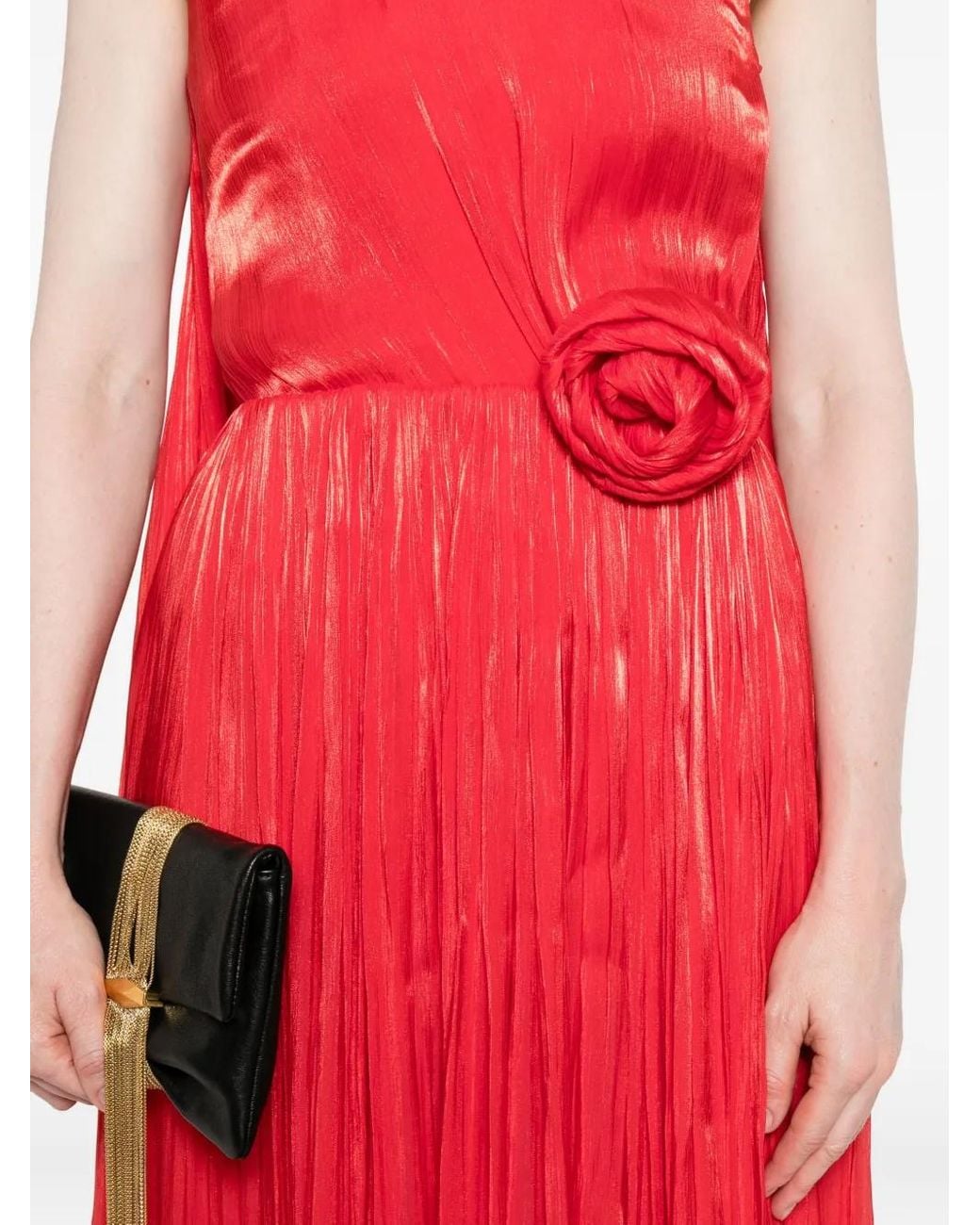 Nissa Red Pleated Rose-Embellished Asymmetric Evening Dress