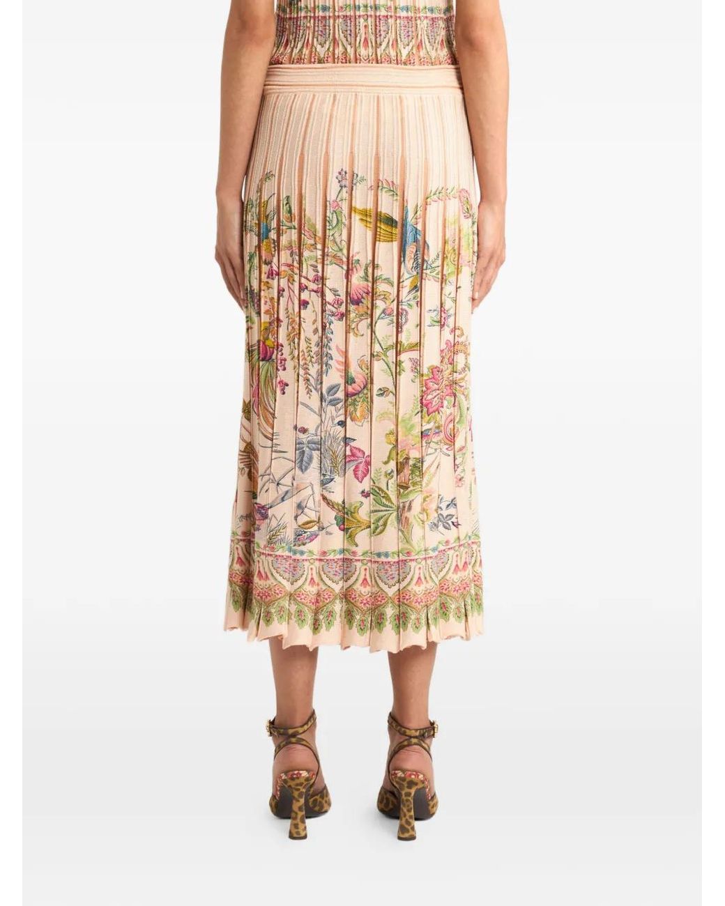Etro Natural Pleated Flora Fauna-Print Midi Skirt