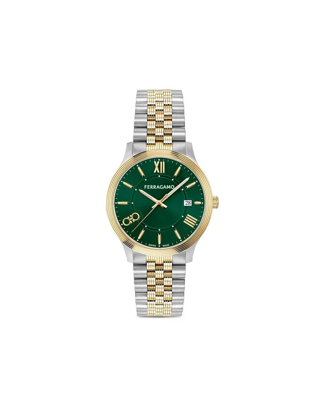 Ferragamo Green Roman Numeral Dial Gold-Plated Watch for men