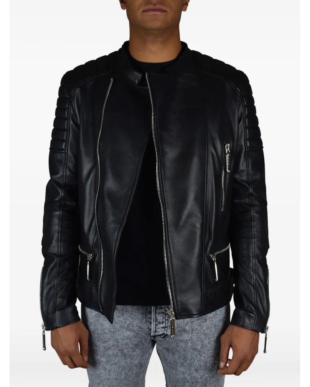 Philipp Plein Black Quilted Zip Biker Jacket for men