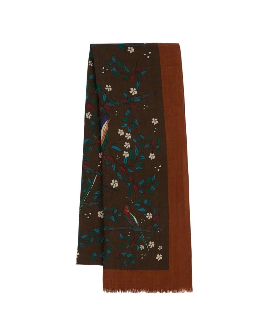 Drake's Brown Birds Of Paradise Print Wool Scarf for men
