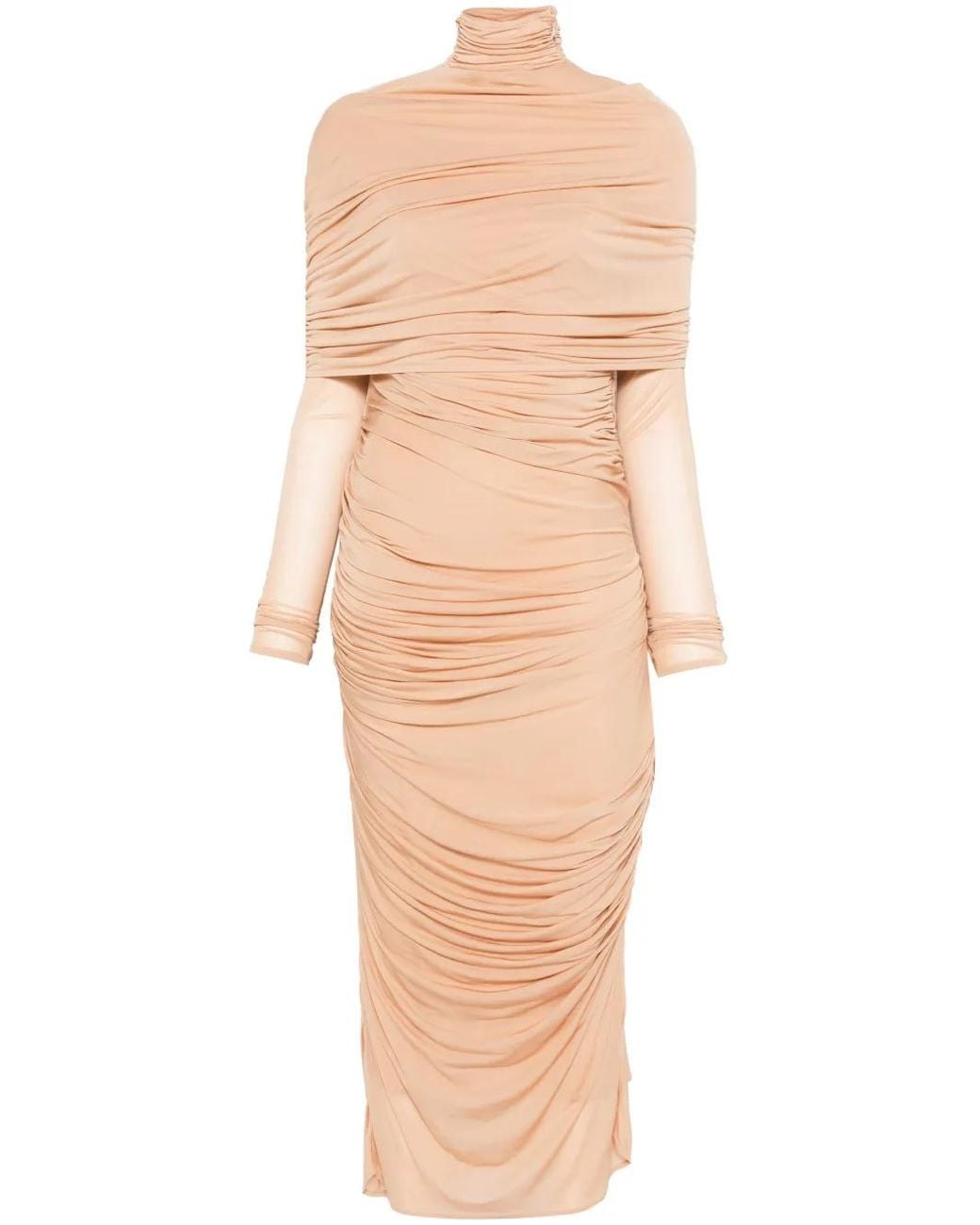 Mugler Natural Ruched Sheer Midi Dress