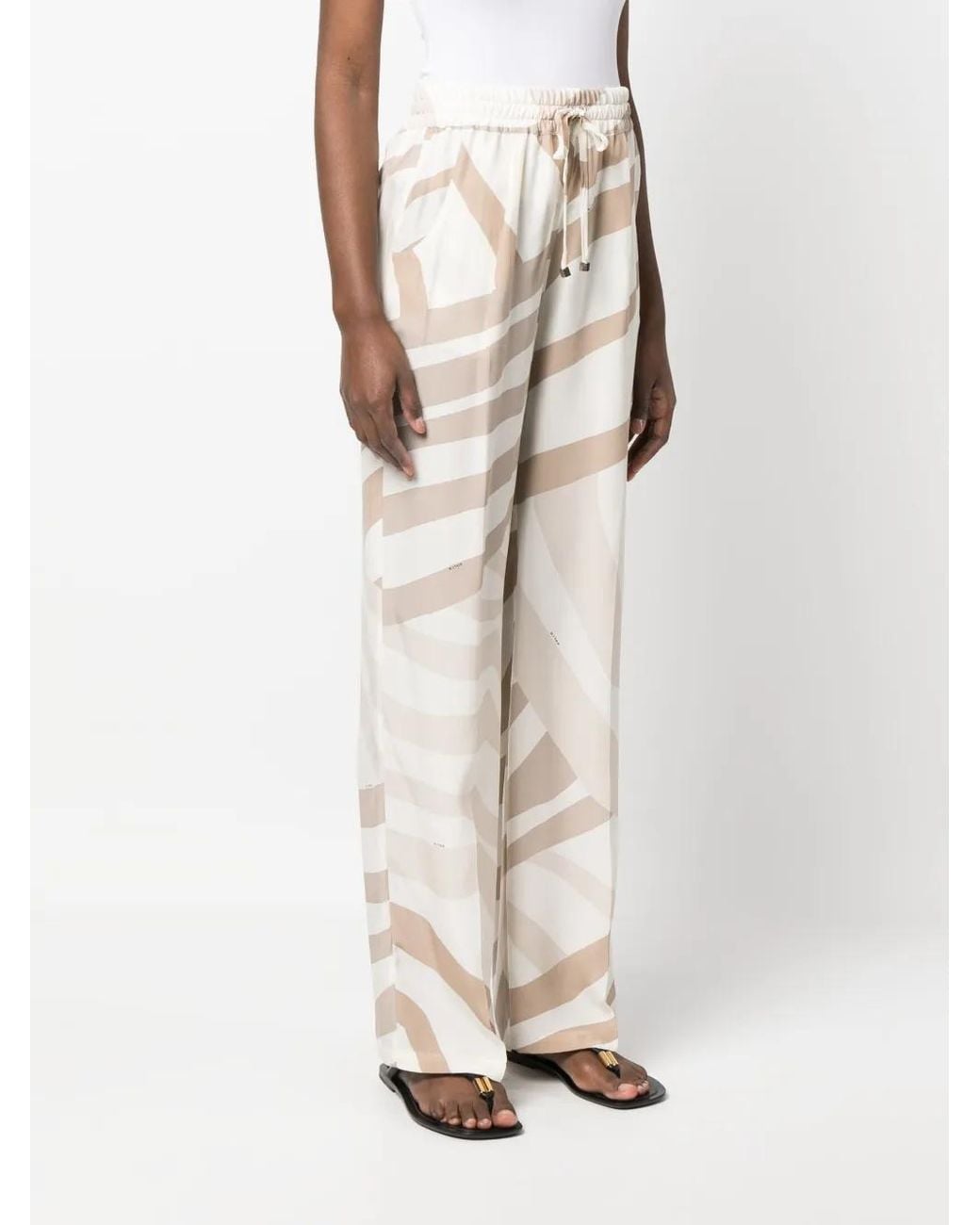 Kiton White Abstract-Print Drawstring Silk Trousers