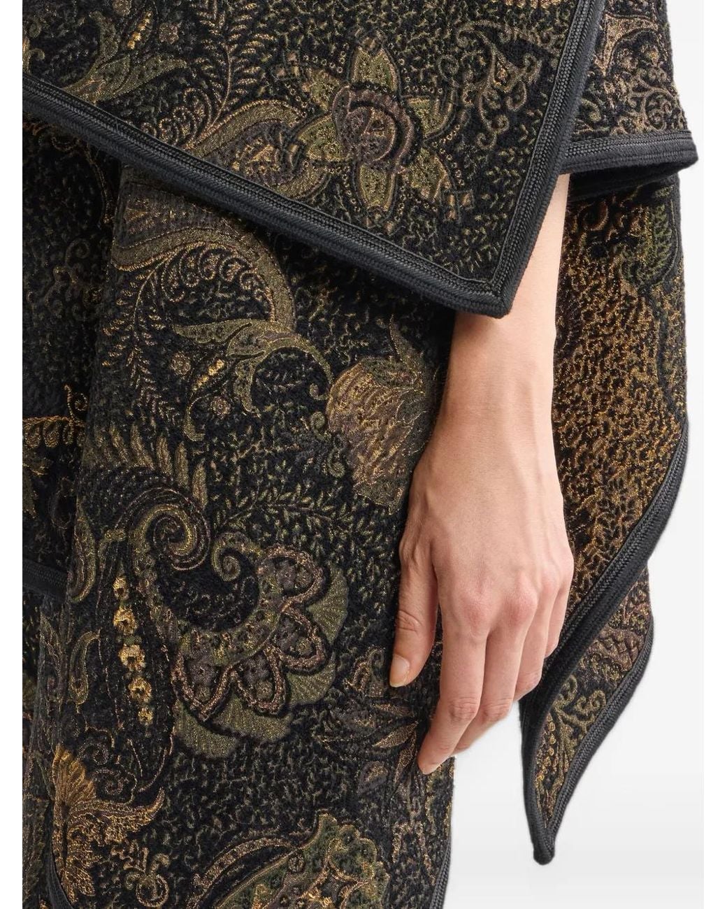 Etro Black Chenille Jacquard Cape With Floral Paisley Motif