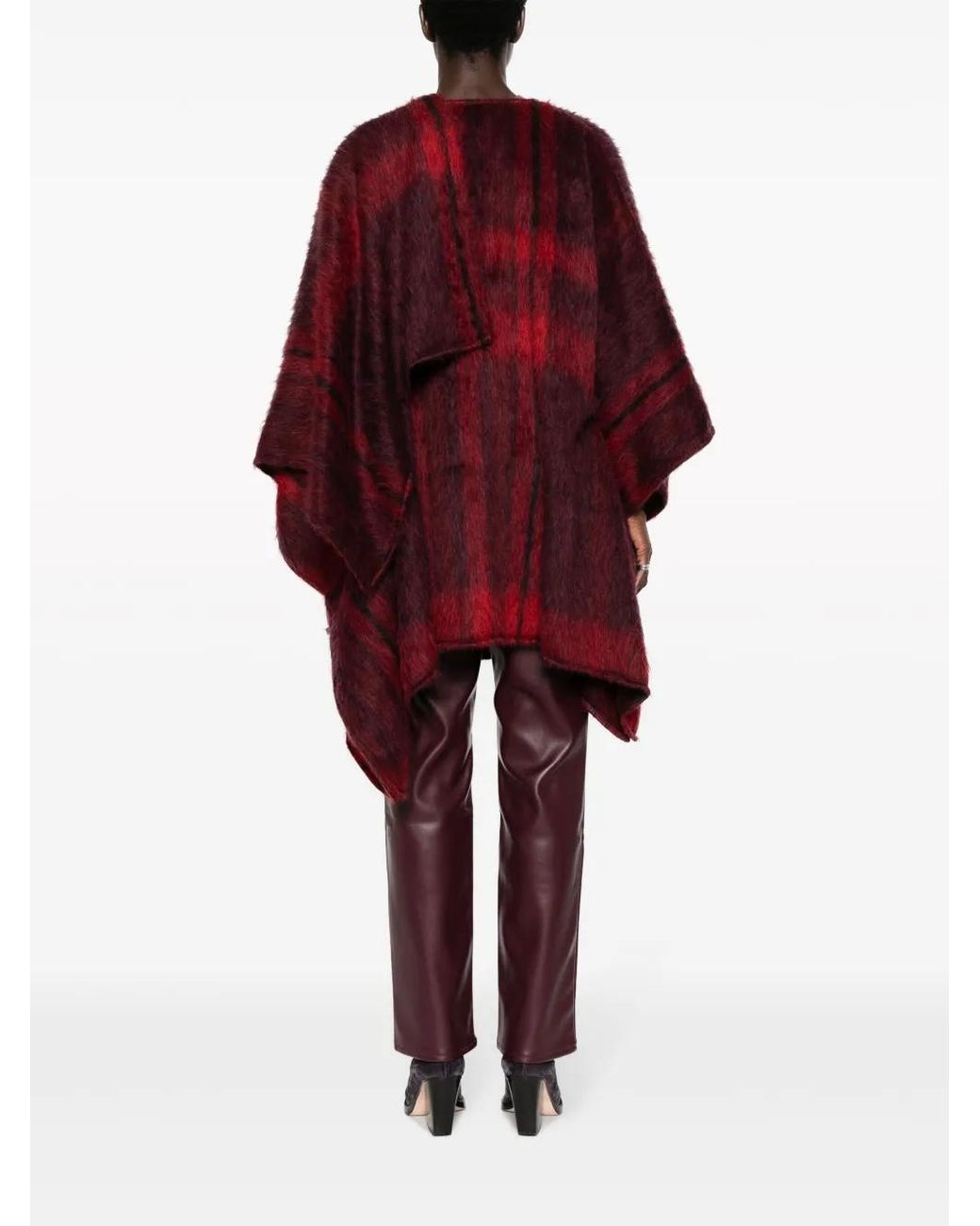 Alberta Ferretti Red Tartan-Pattern Brushed Cape