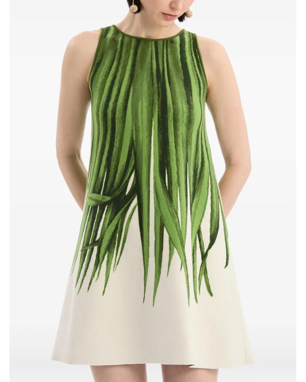 Oscar de la Renta Green Palm Leaves Jacquard Shift Dress