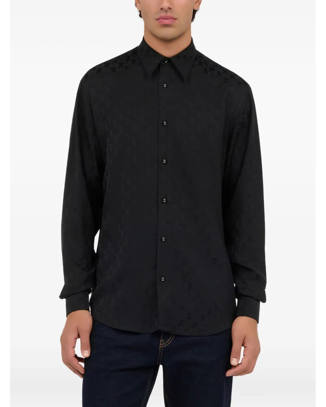 Roberto Cavalli Black Monogram-Pattern Long-Sleeve Shirt for men