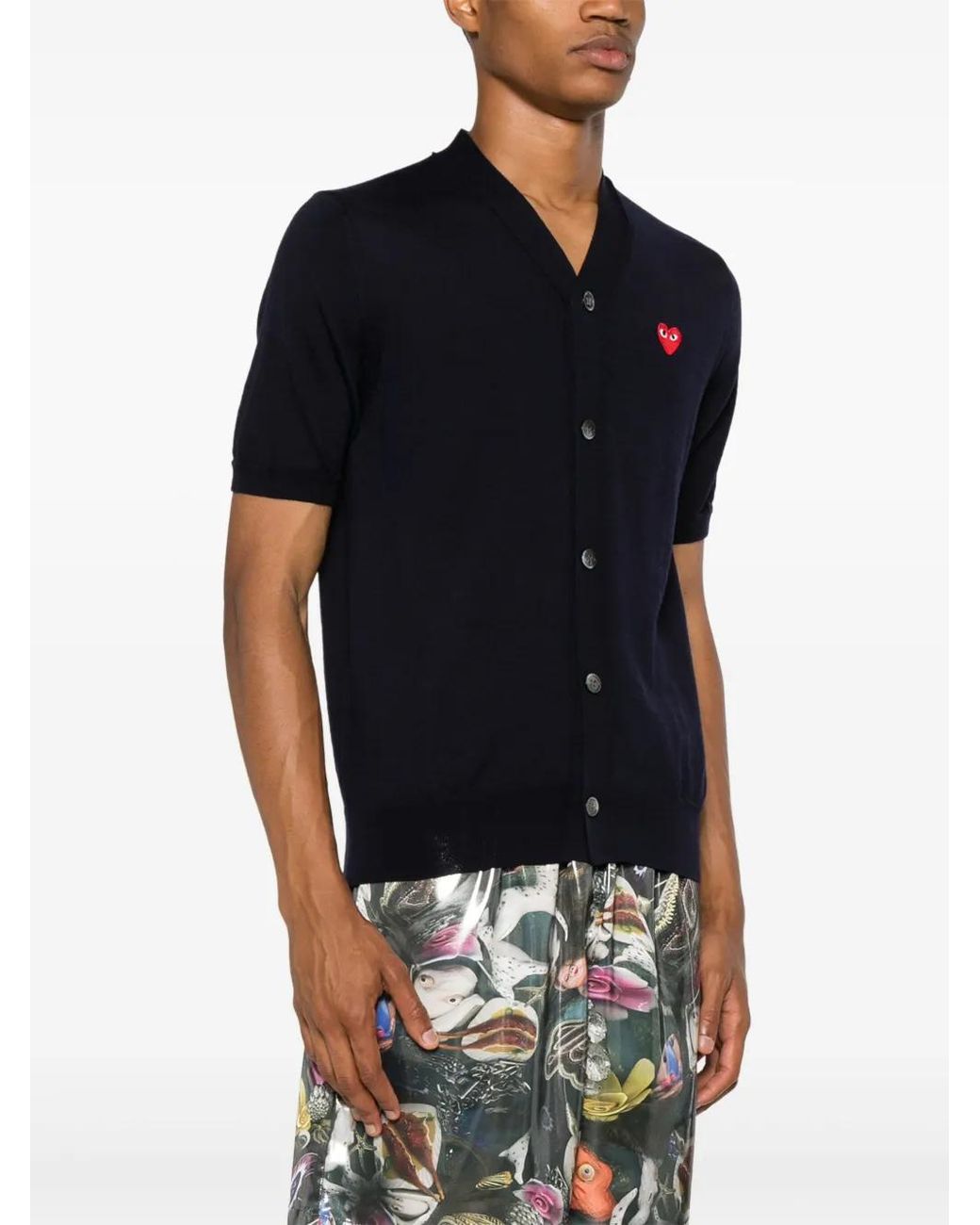 COMME DES GARÇONS PLAY Blue Heart-Patch Short-Sleeve Cardigan