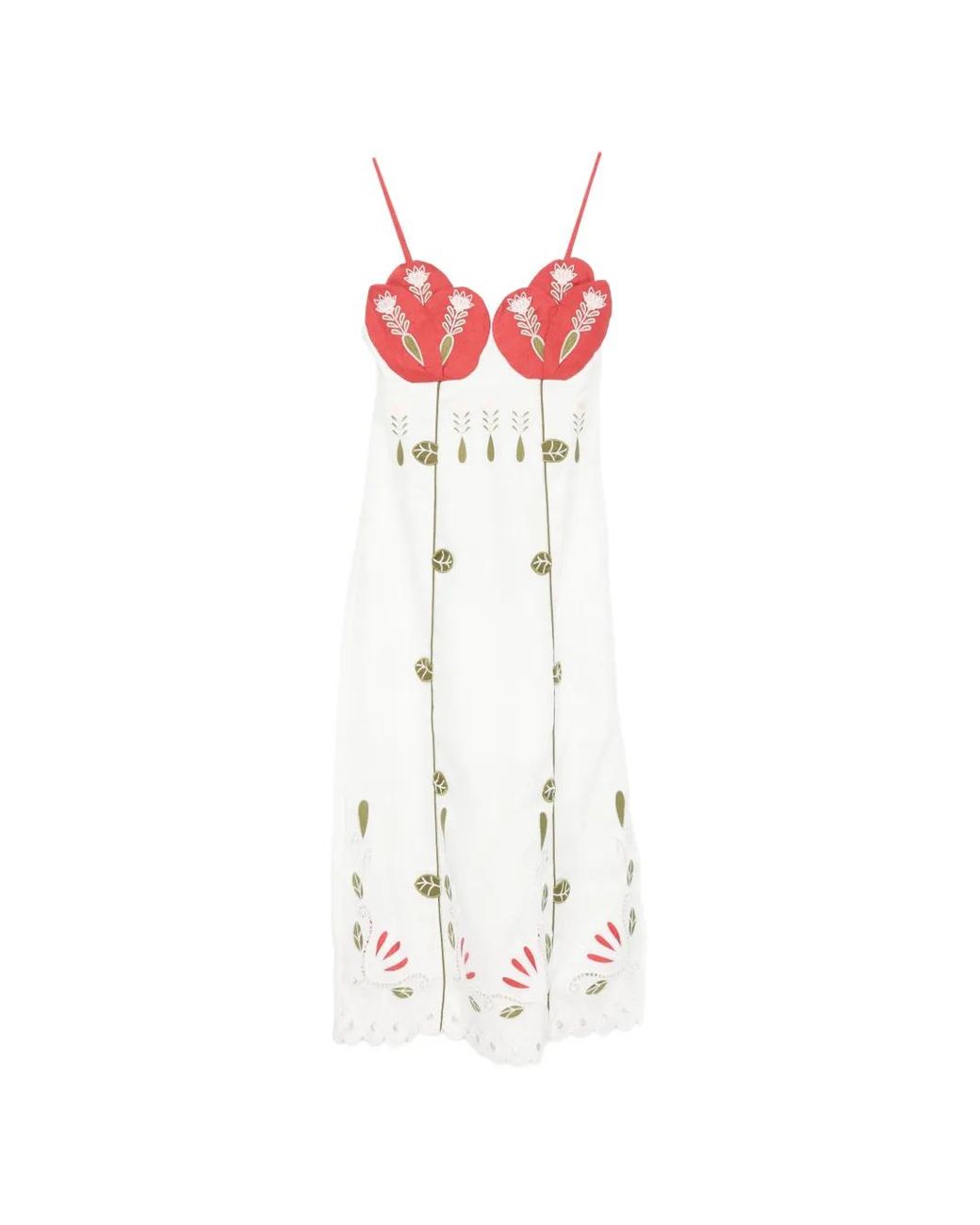 Farm Rio White Richelieur Embroidered Scallop-Edge Midi Dress