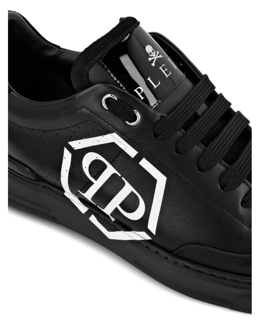 Philipp Plein Black Lo-Top Leather Sneakers Hexagon for men