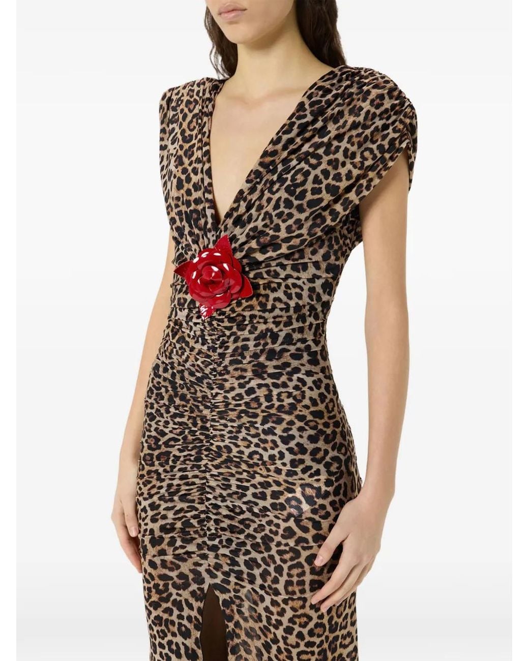 Blumarine White Leopard-Print Brooch-Detail Maxi Dress