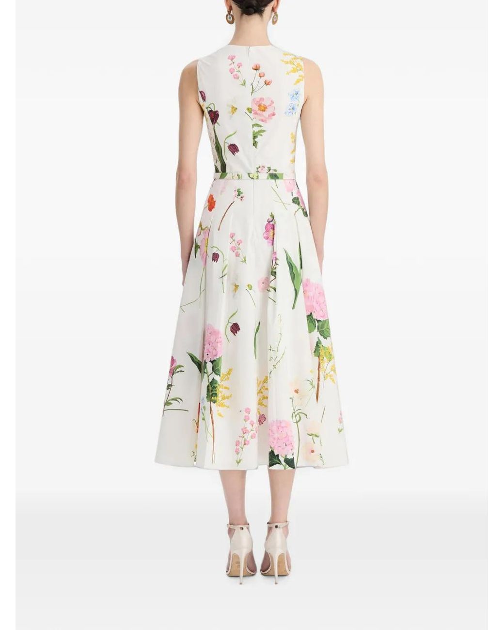 Oscar de la Renta White Botanical-Print Sleeveless Midi Dress