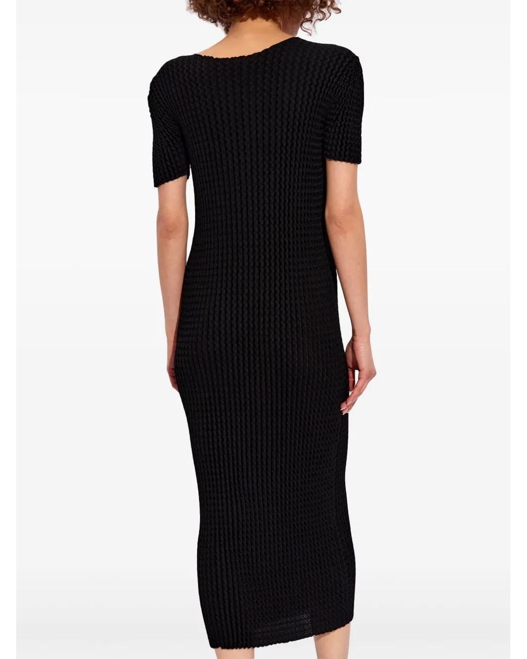 Issey Miyake Black Seersucker Short-Sleeve Midi Dress