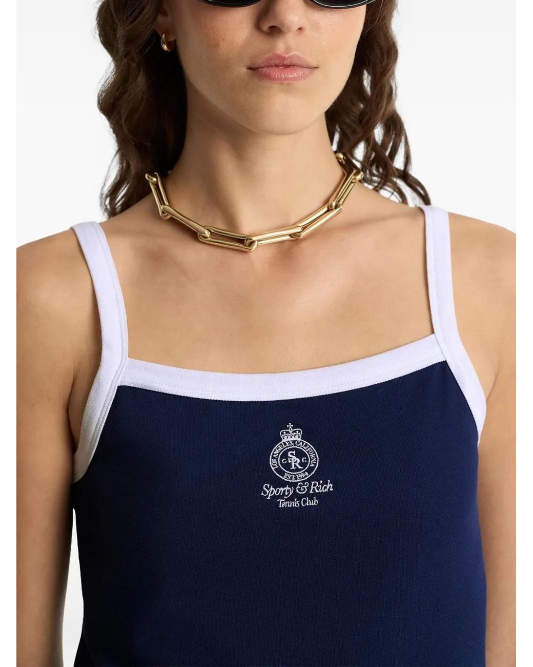 Sporty & Rich Blue Contrast-Binding Ribbed Top