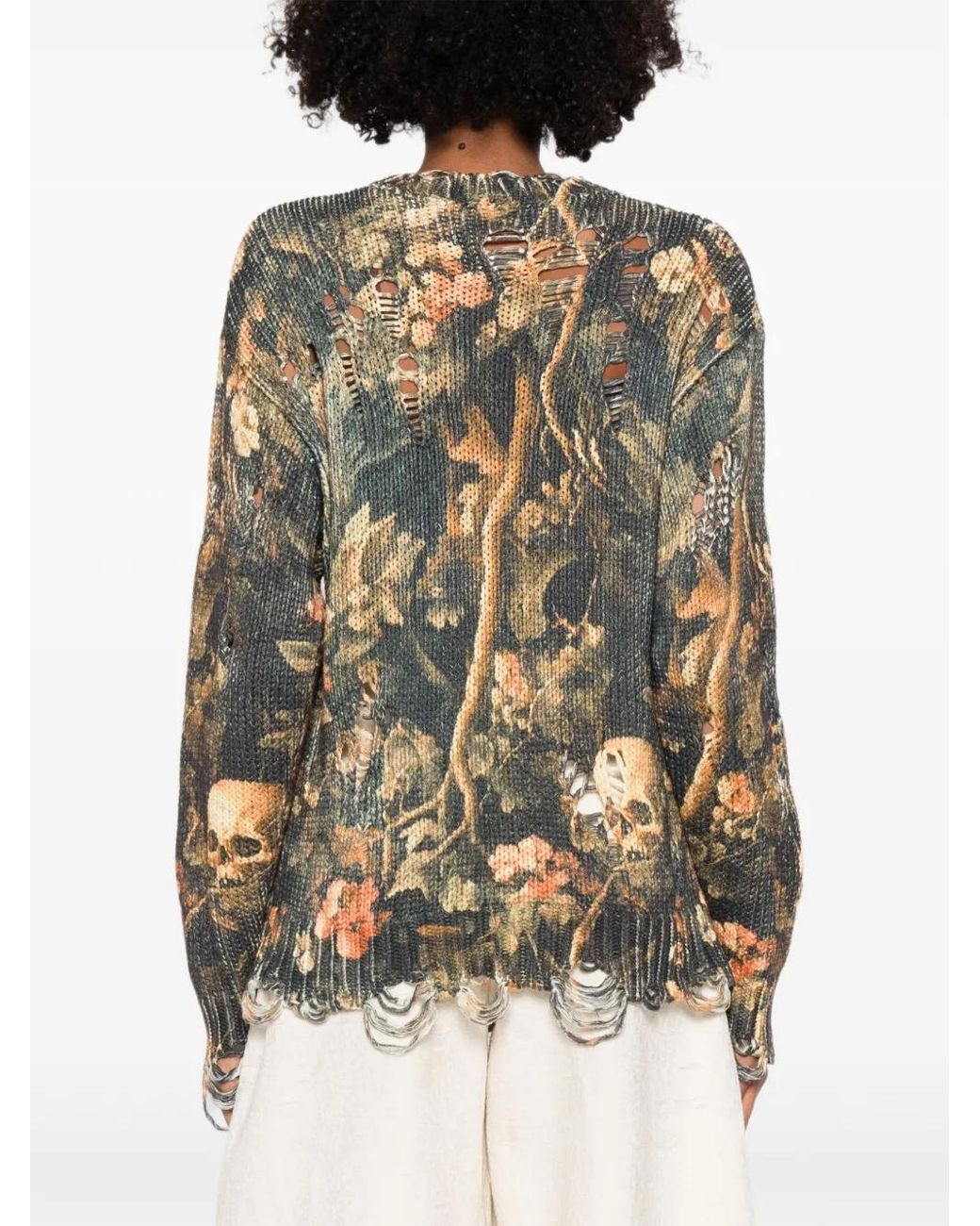 R13 Green Graphic-Print Raw-Cut Jumper