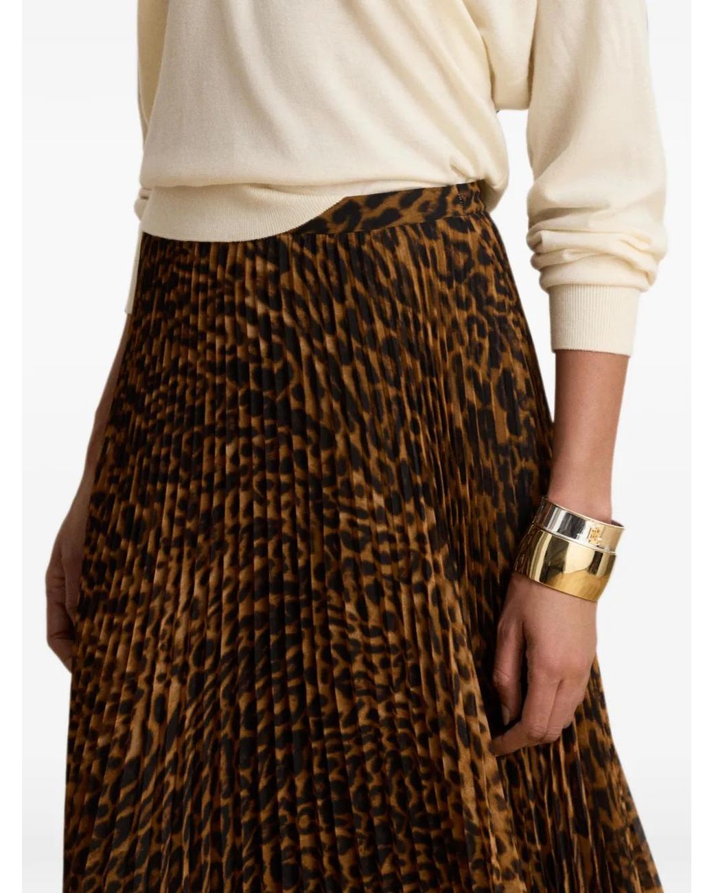 Ralph Lauren Brown Leopard-Pattern Pleated Midi Skirt