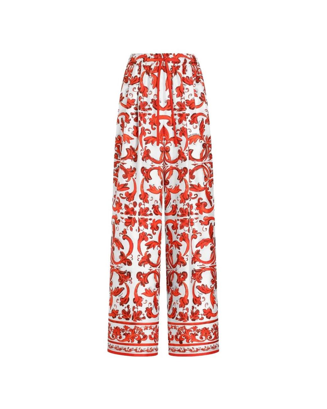 Dolce & Gabbana Red Majolica-Print Silk Trousers