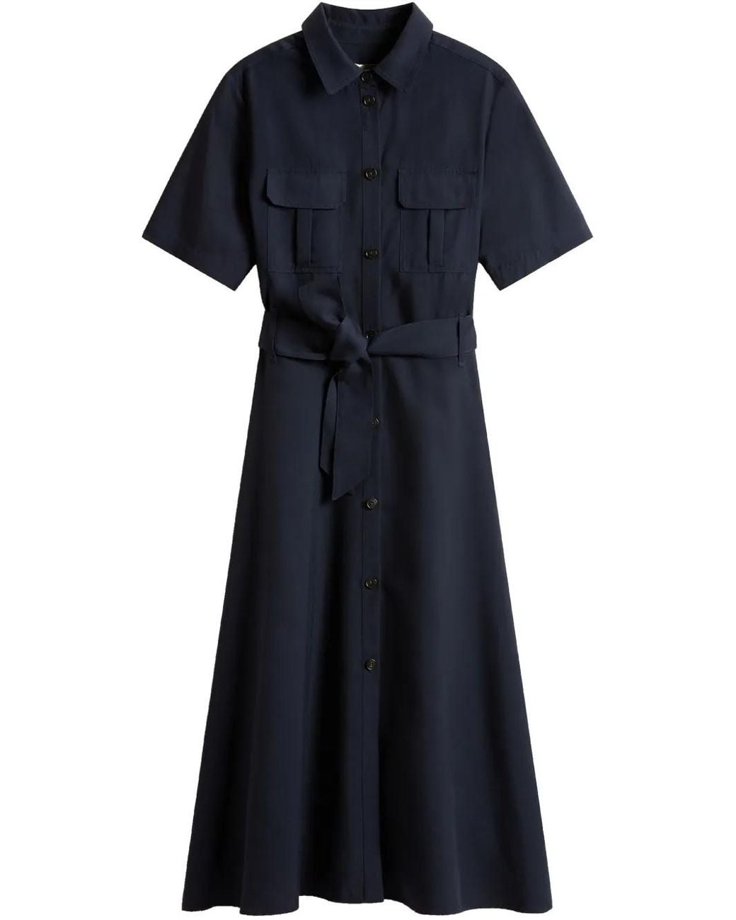 Woolrich Blue Long Dress With Short Sleeves And Belt