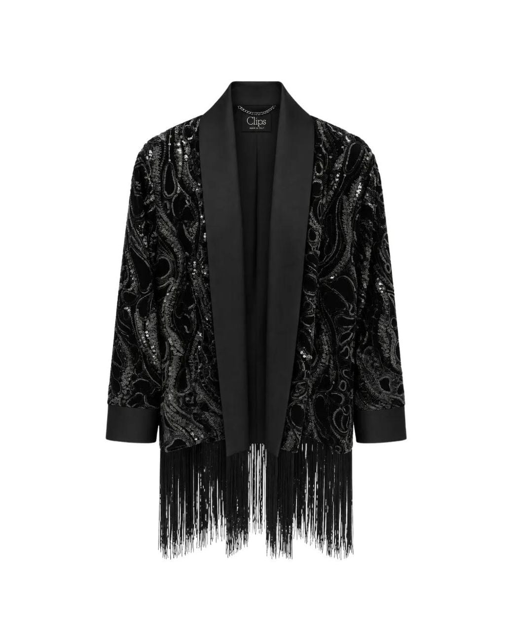 Clips Black Sequin-Embellished Fringed Coat