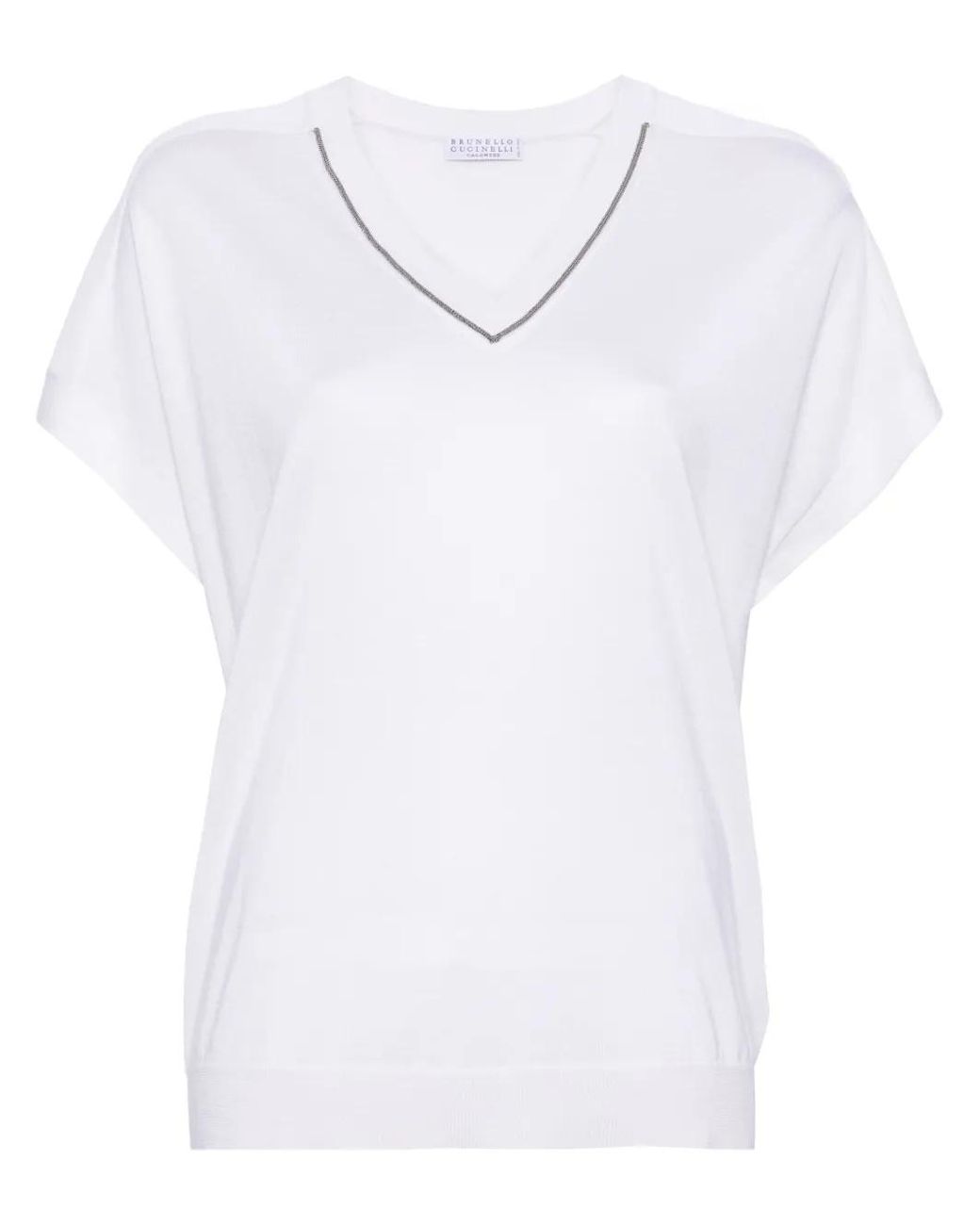 Brunello Cucinelli White Beaded-Trim Fine-Knit Top