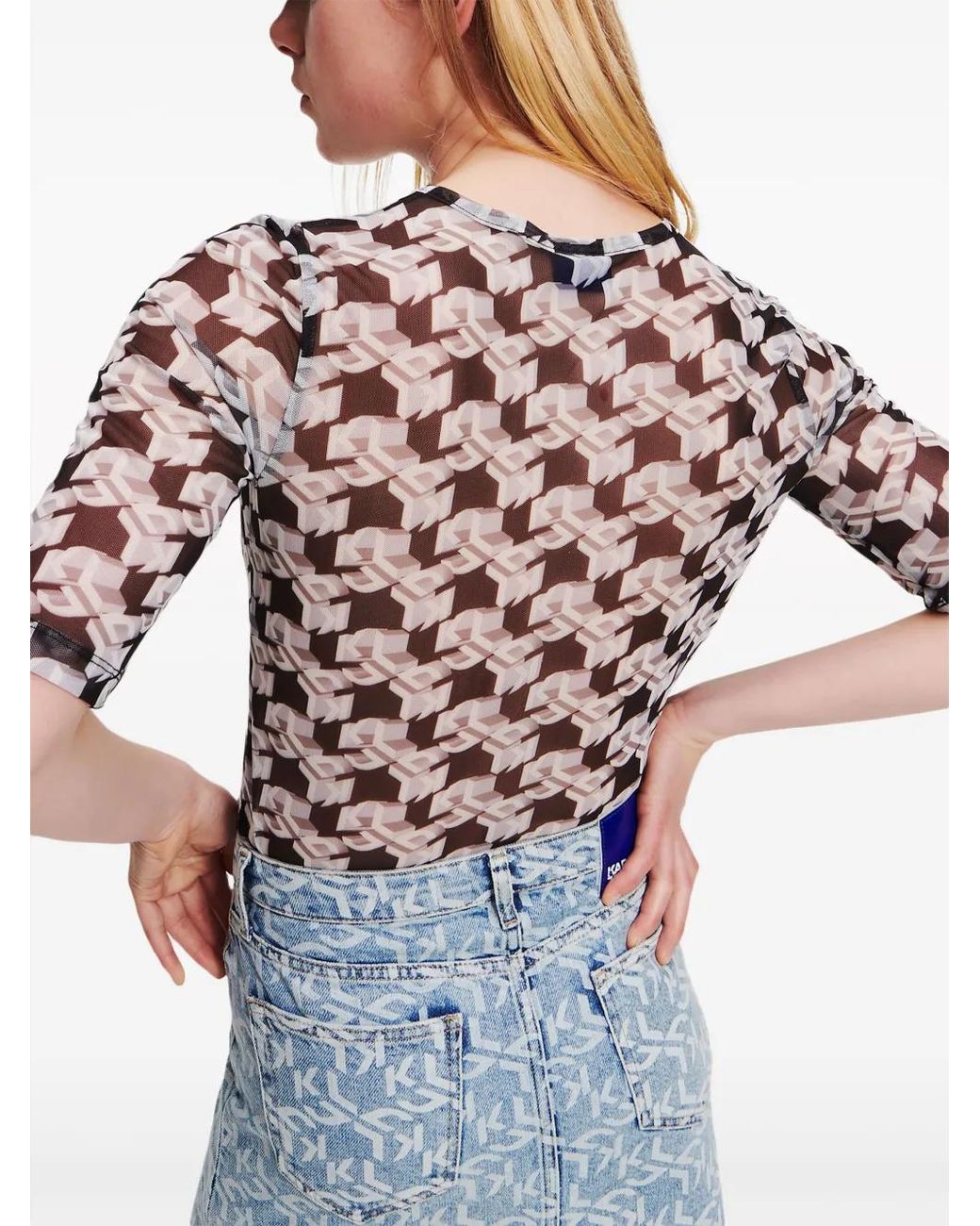 Karl Lagerfeld Blue Monogram-Print Sheer T-Shirt