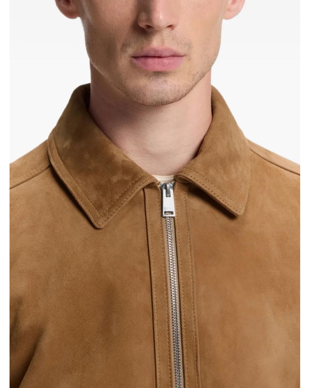 Boss Brown Suede Leather Jacket With Zipper Closure for men