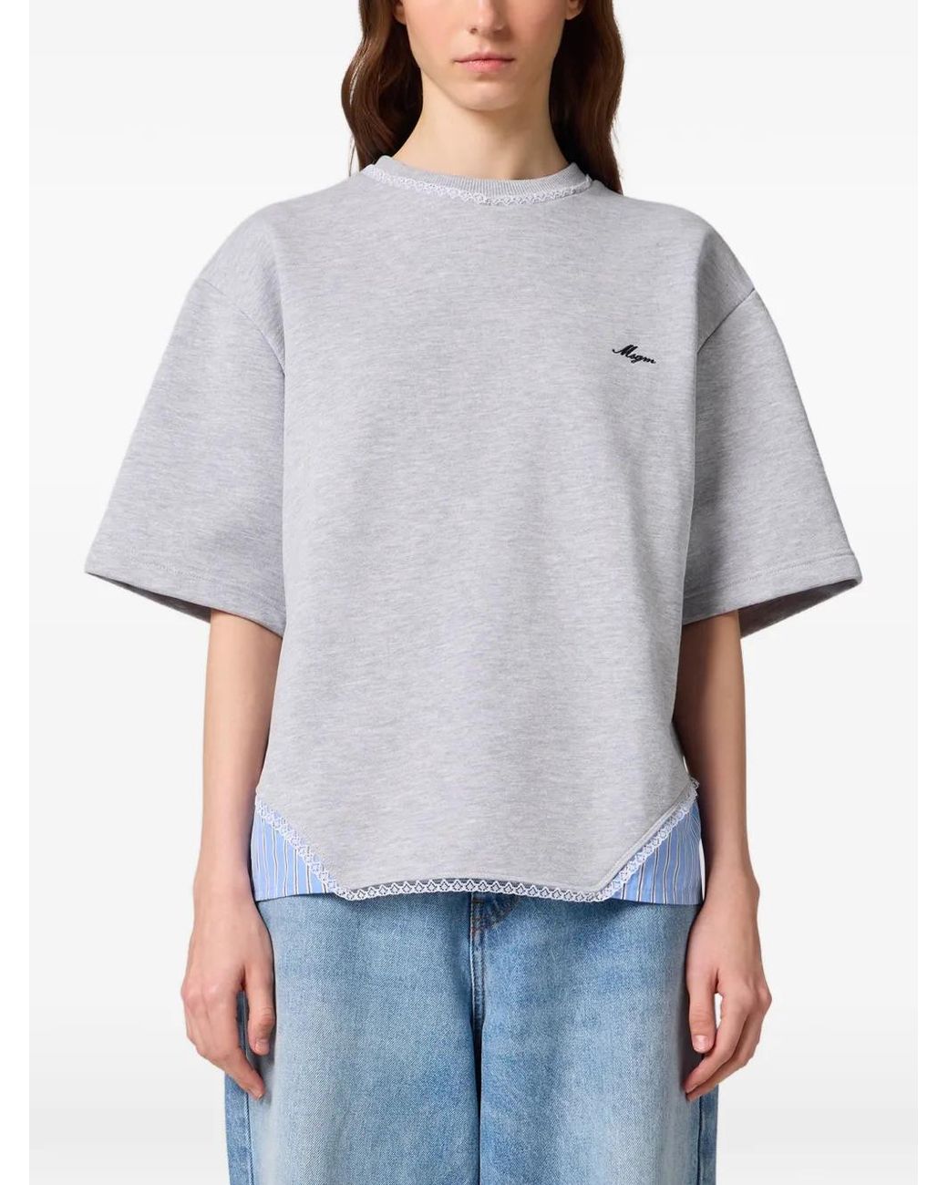 MSGM White Lace-Trim Logo-Embroidered T-Shirt