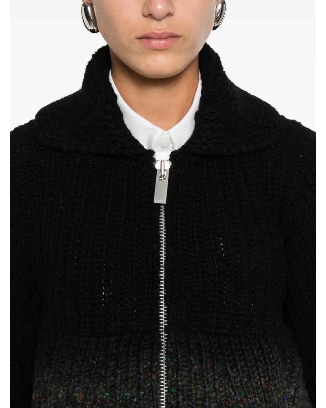 Sacai Black Zip-Front Speckled Cardigan