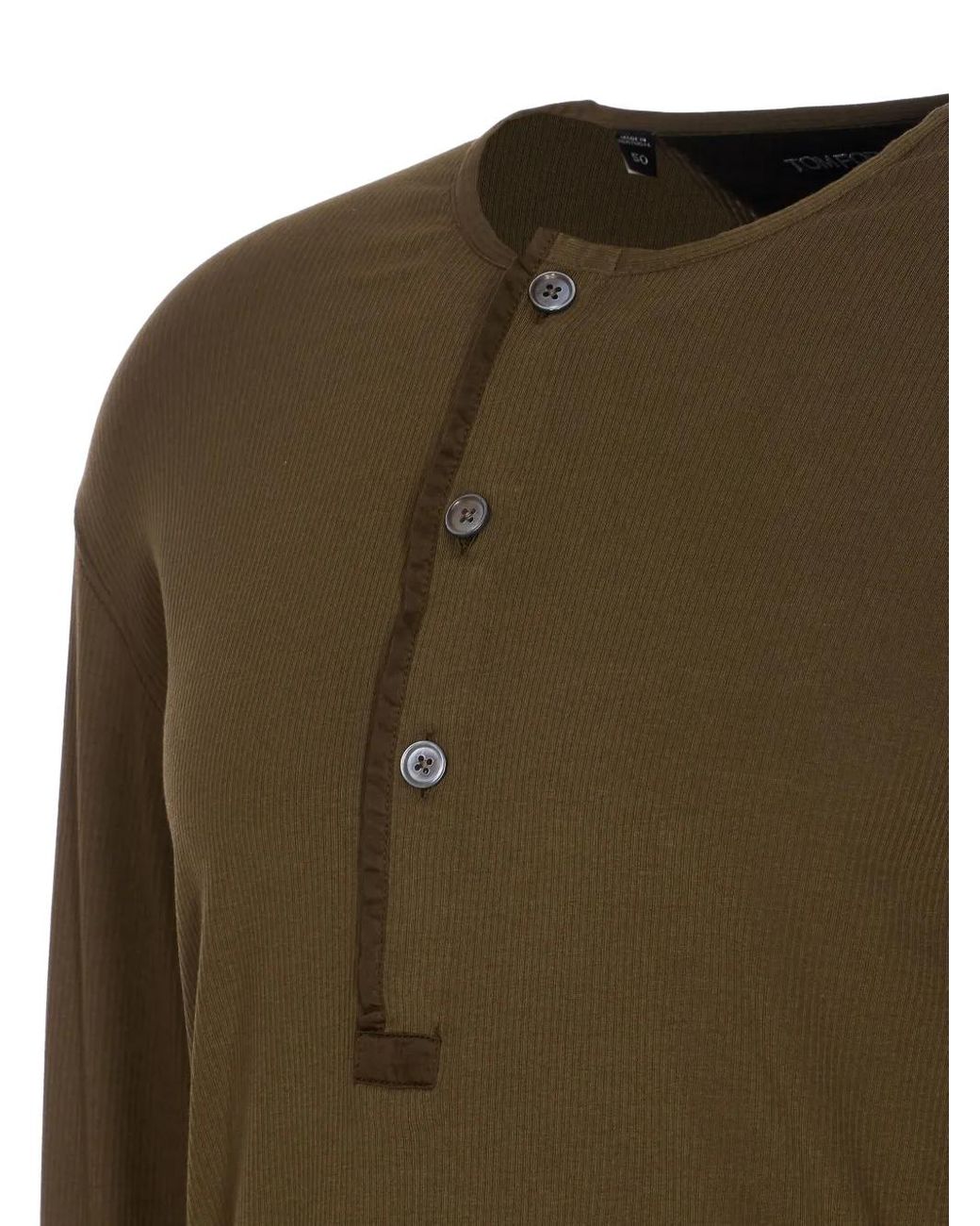 Tom Ford Green Ribbed-Knit Cotton-Blend Henley Shirt for men