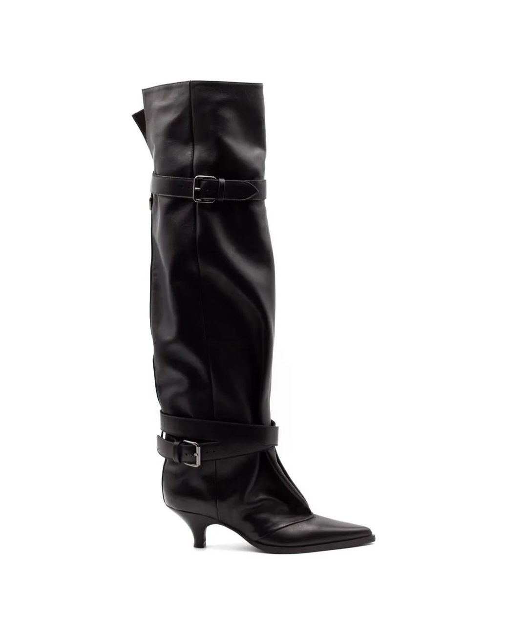 Elena Iachi Black Buckle-Strap Pointed-Toe Boots