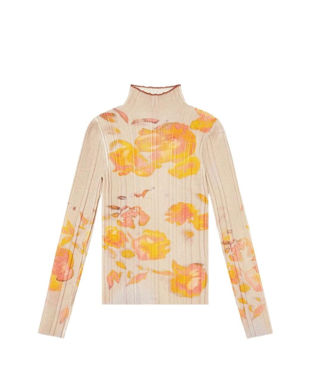 DIESEL White Ribbed Wool Turtleneck Top With Floral-Print