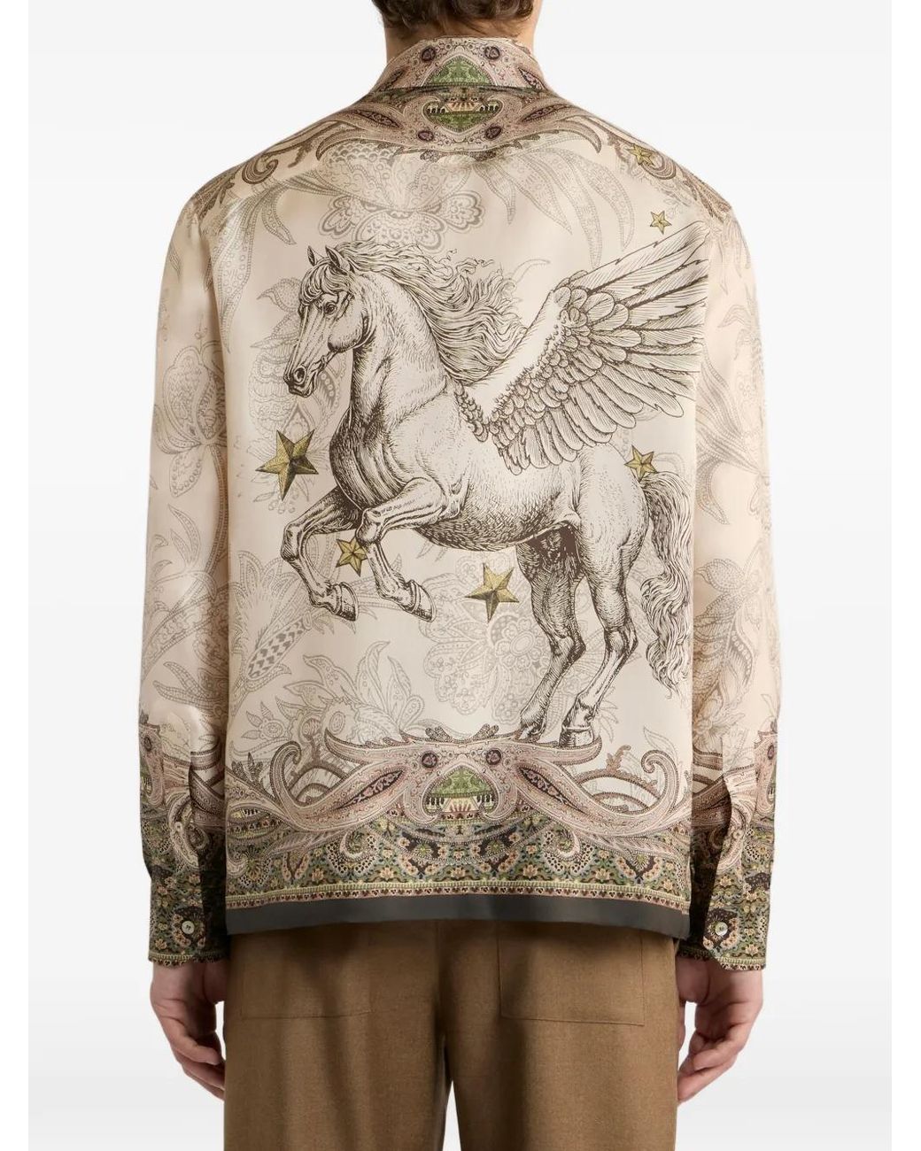 Etro Natural Silk Twill Shirt With Placed Pegaso Print for men