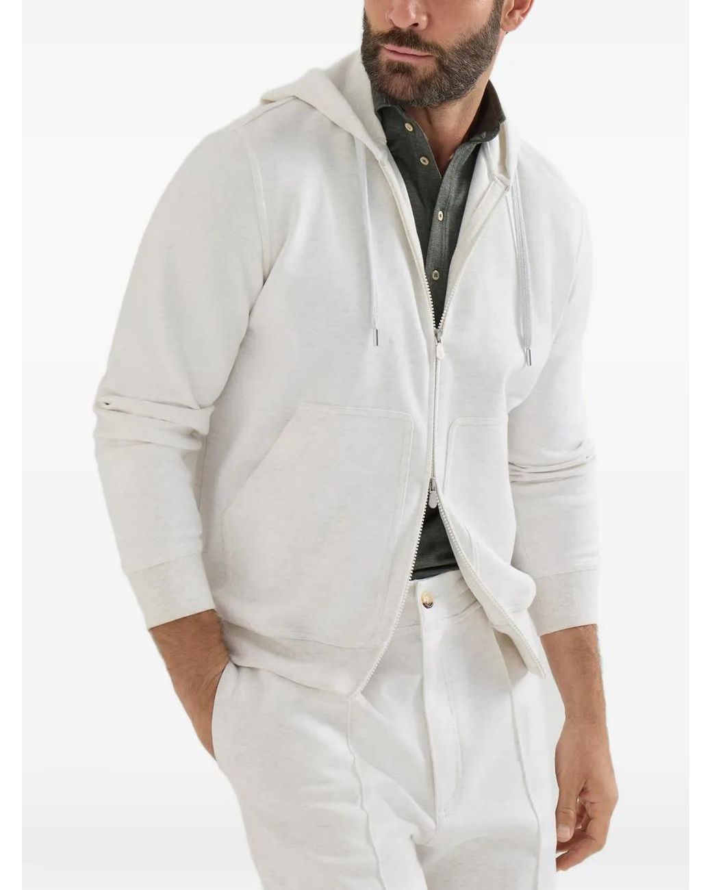 Brunello Cucinelli White Techno Cotton French Terry Double Cloth Hooded Sweatshirt With Zipper for men