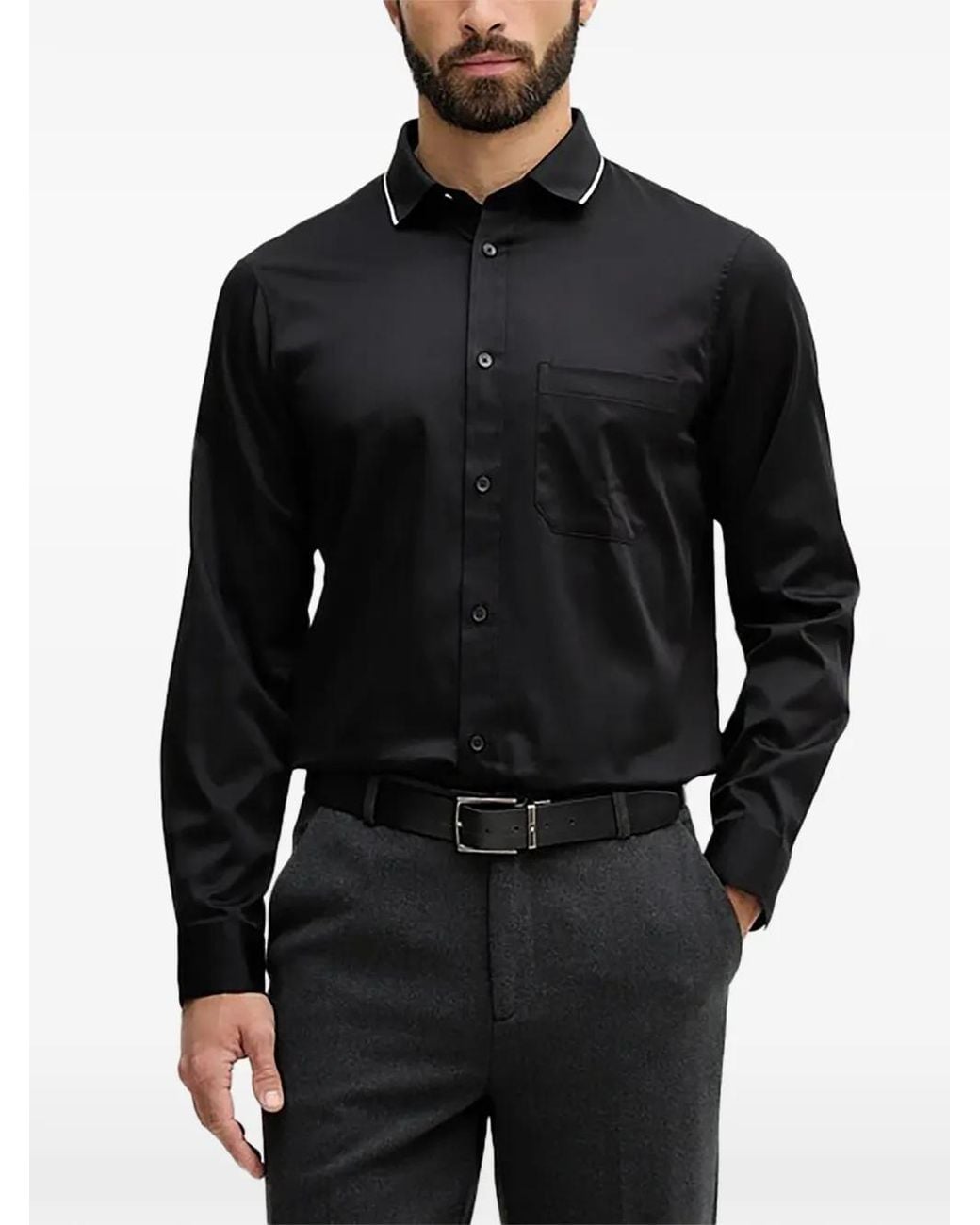ARMANI EXCHANGE Black Chest-Pocket Contrast-Collar Shirt for men