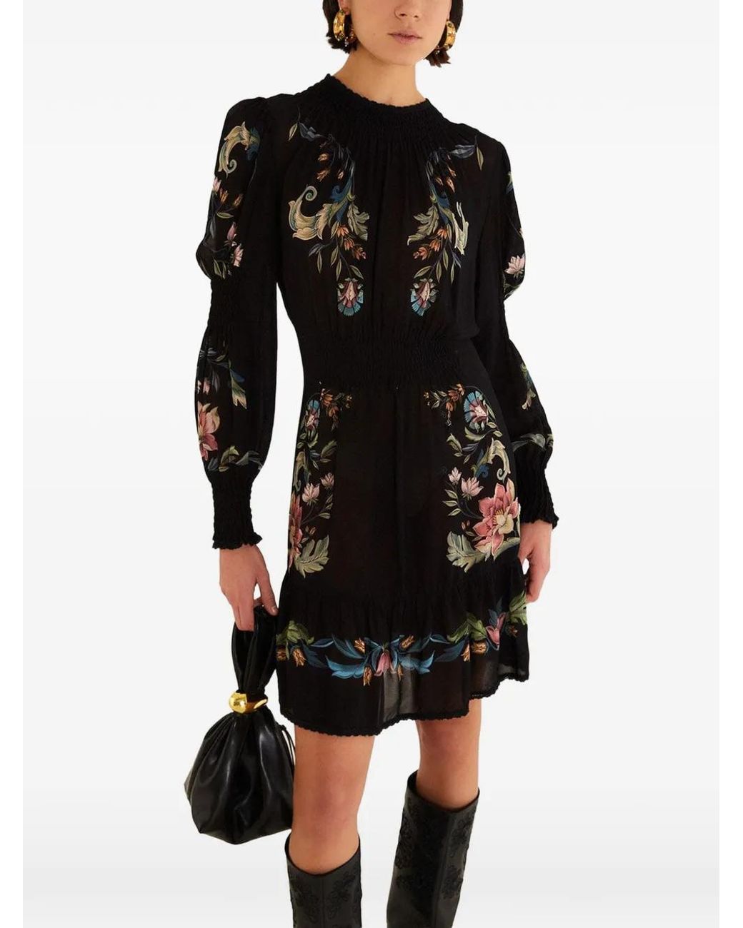 Farm Rio Black Natalia Floral-Print Smocked Mini Dress