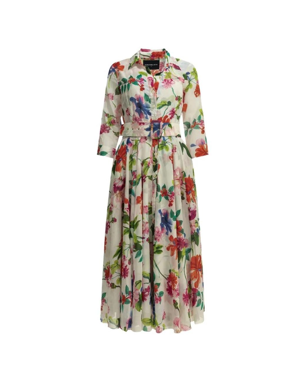Samantha Sung White Floral-Print Belted Dress
