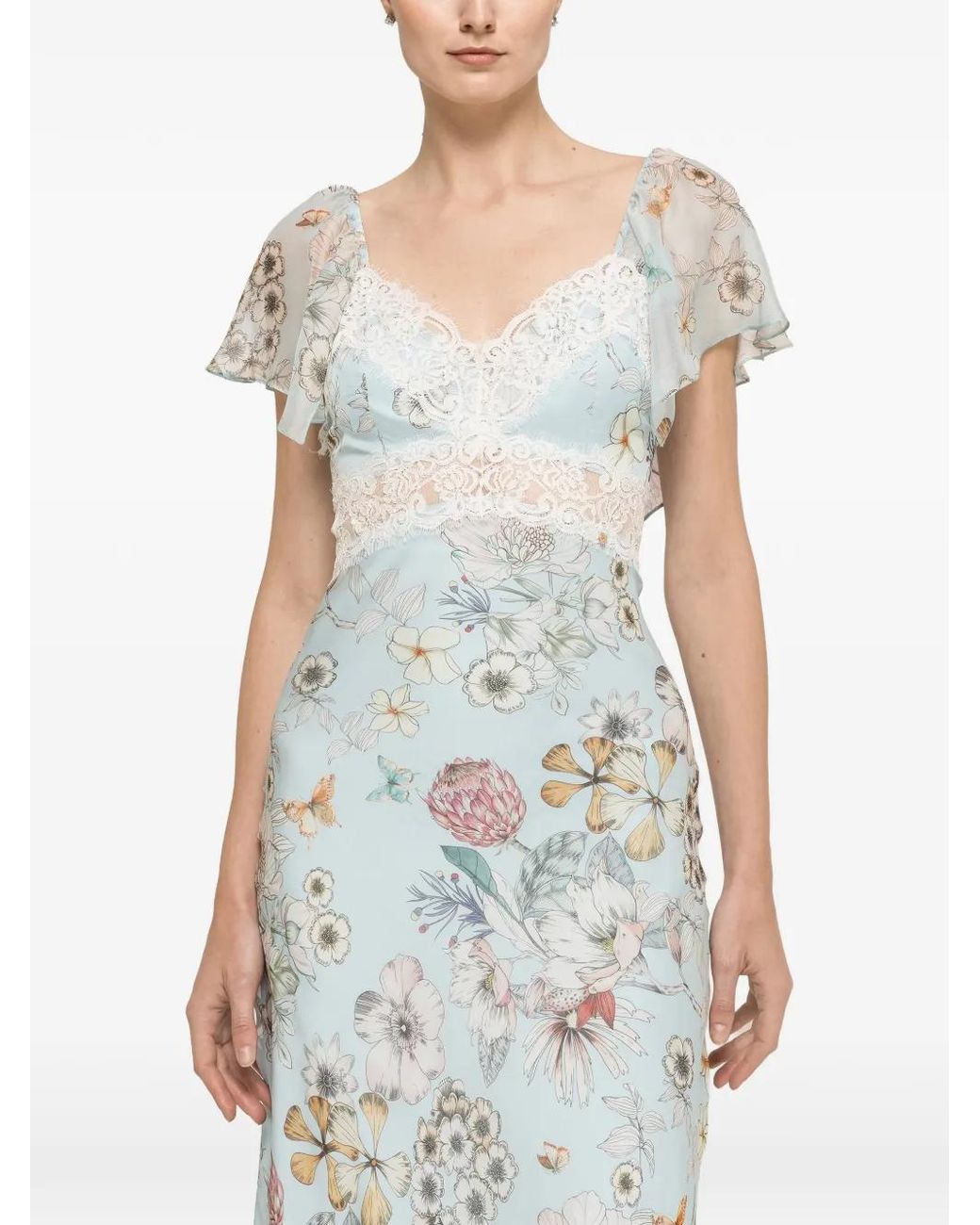 Nissa White Printed Silk Midi Dress