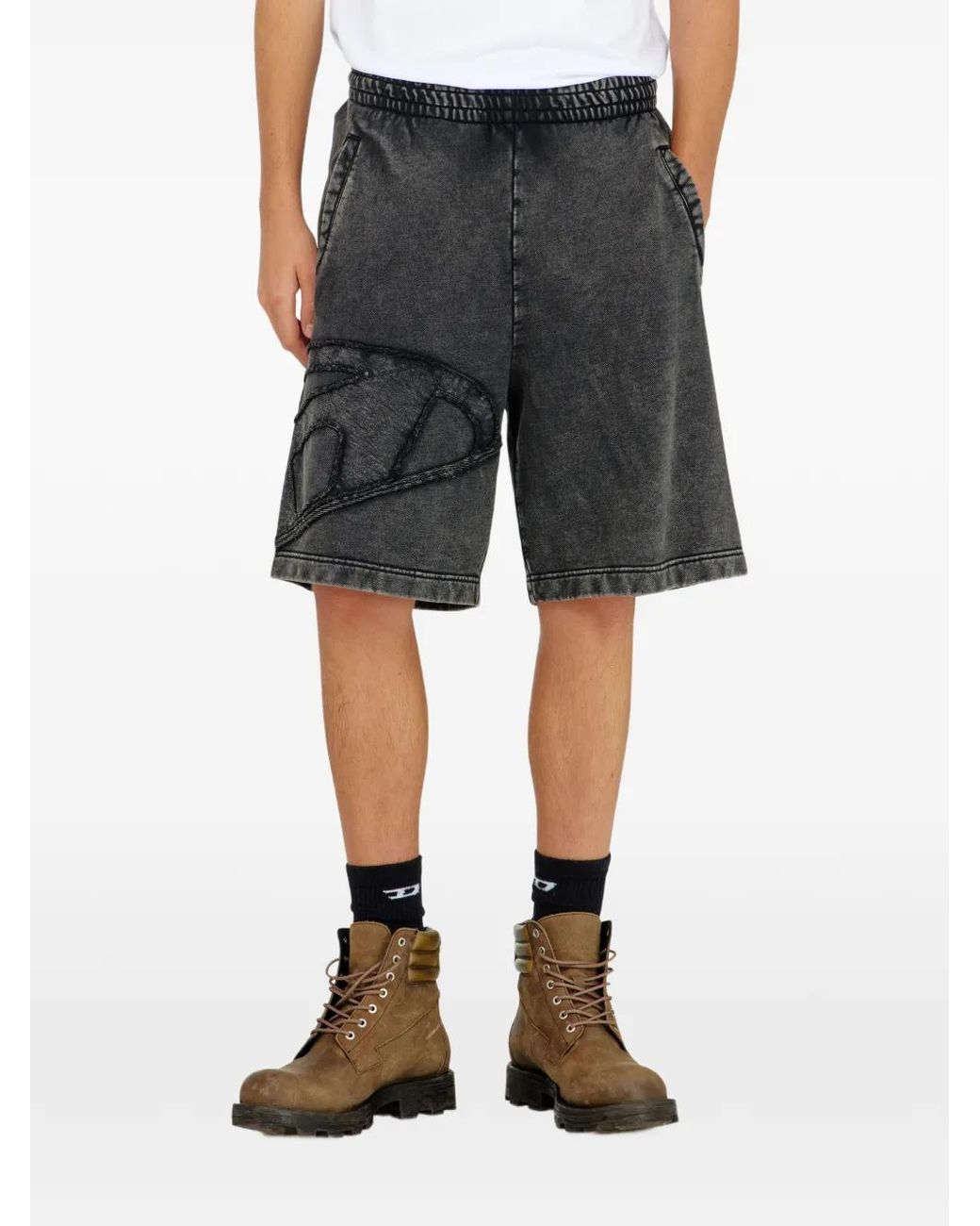 DIESEL Gray Logo-Patch Jersey Shorts for men