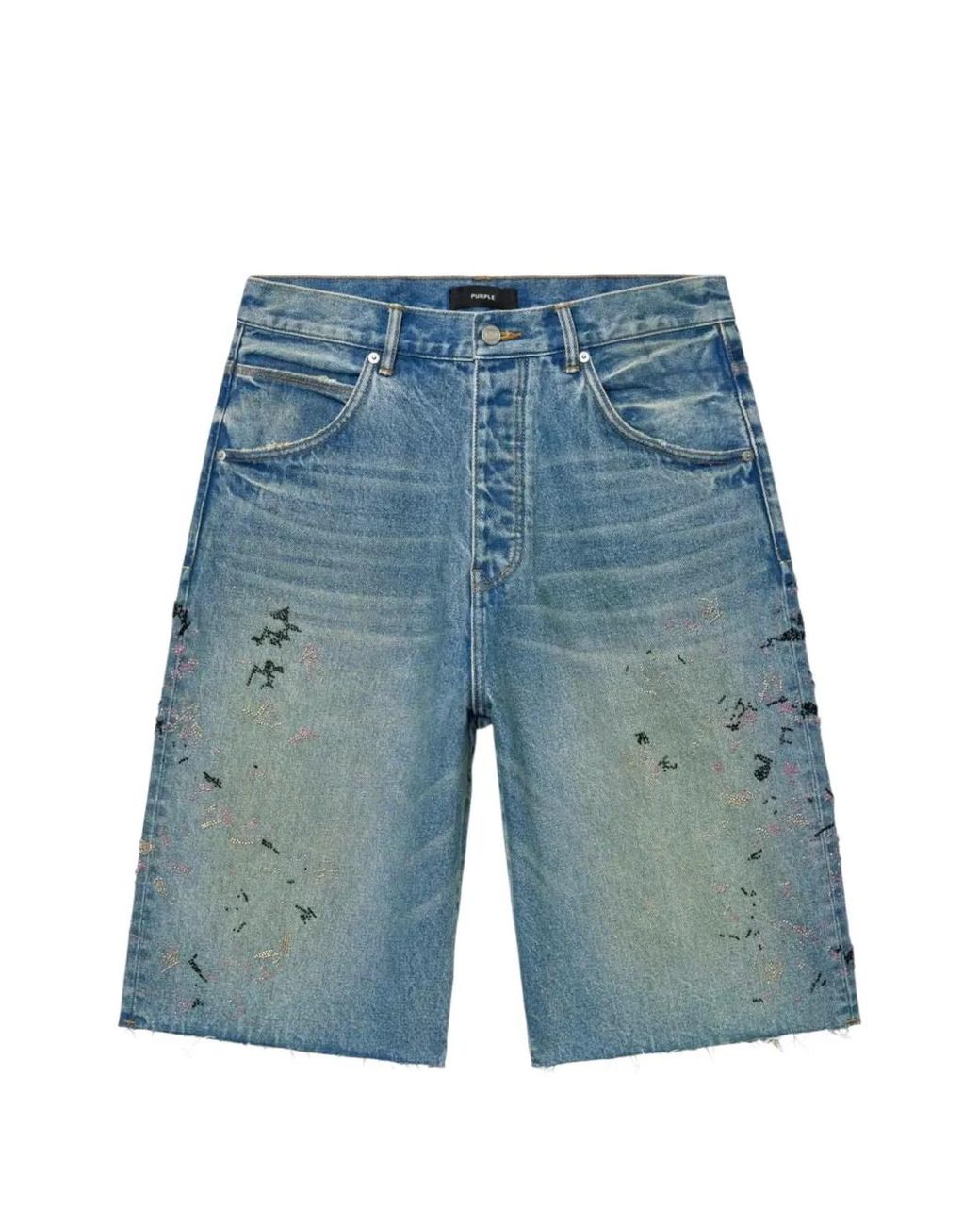 Purple Brand Blue Beaded Splatter Raw-Cut Shorts for men