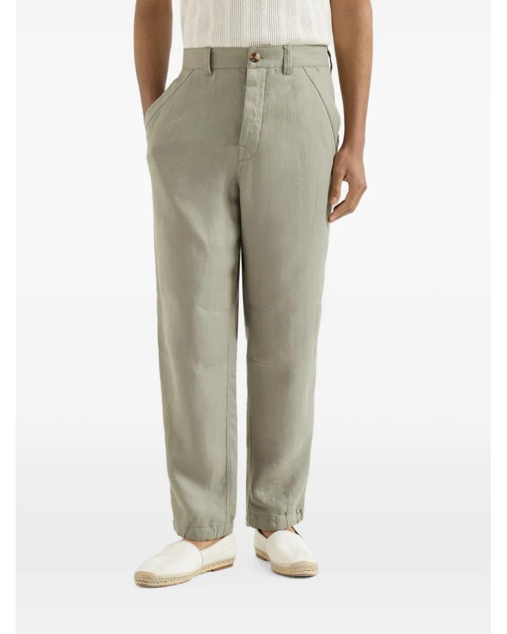 Brunello Cucinelli Gray Linen Micro Chevron Trousers With Drawstrings for men