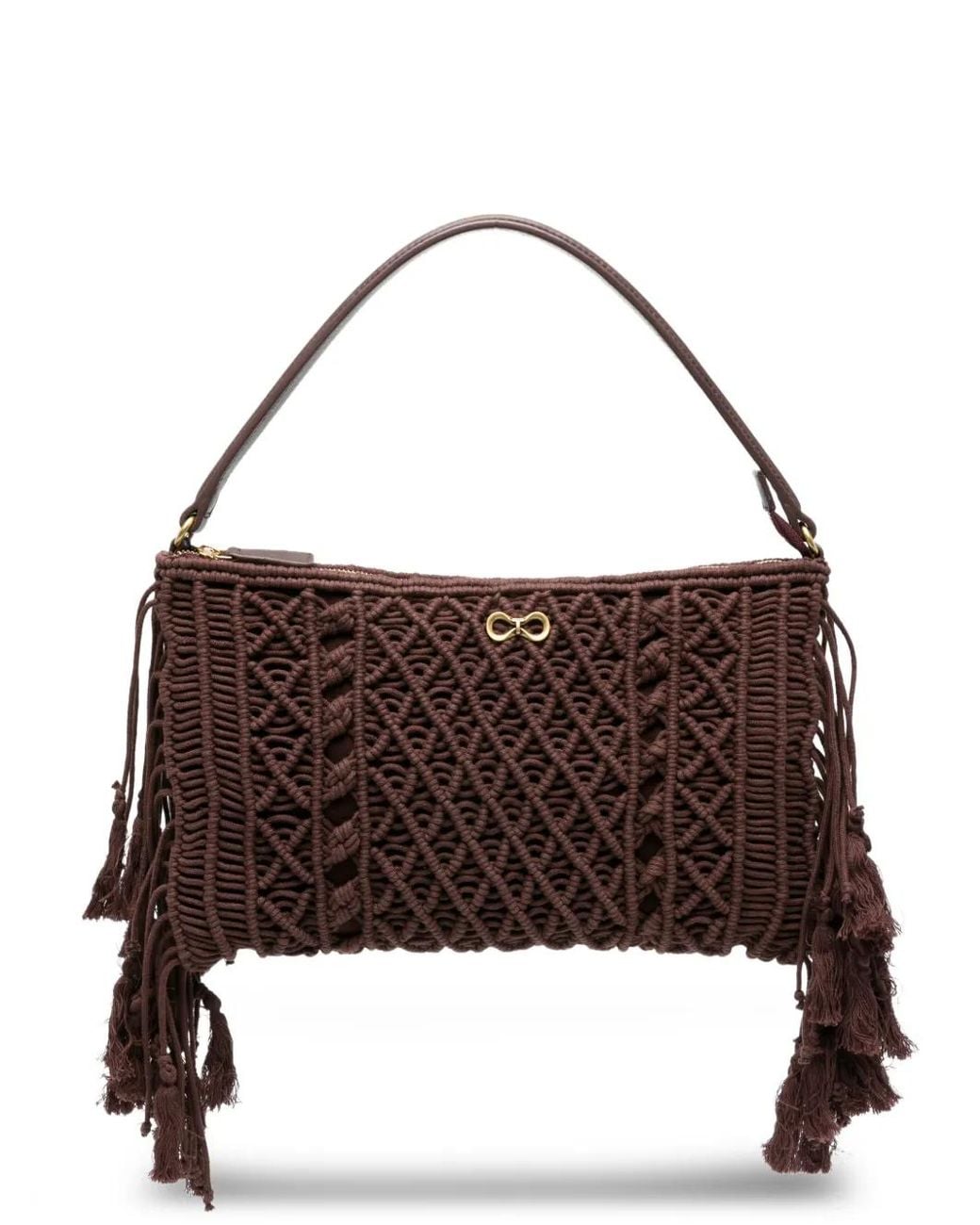 Twinset Brown Crochet Bag With Fringes