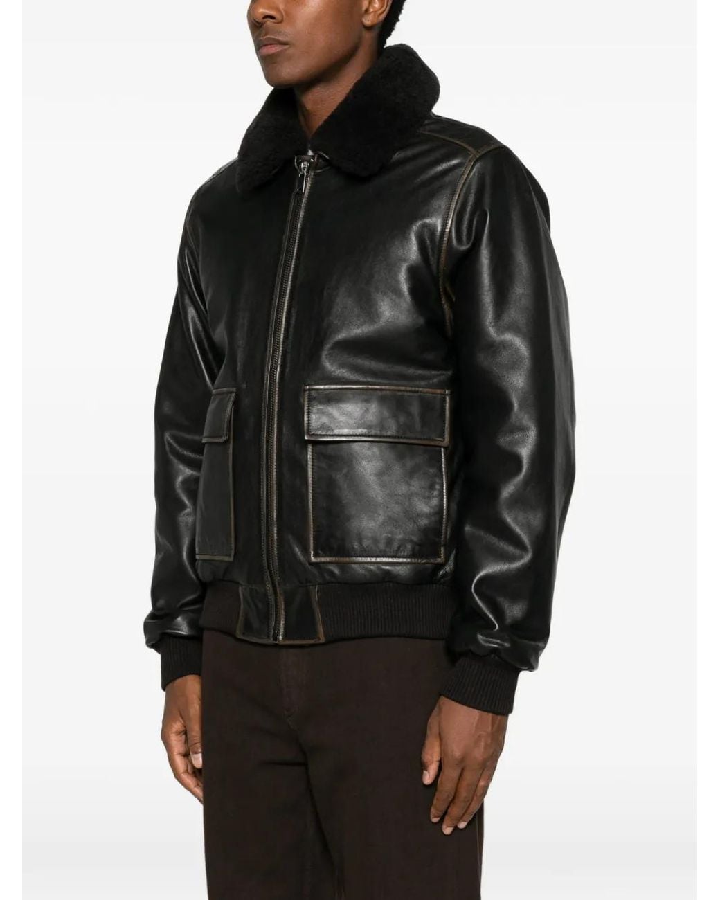 Amaranto Black Shearling-Collar Leather Jacket for men