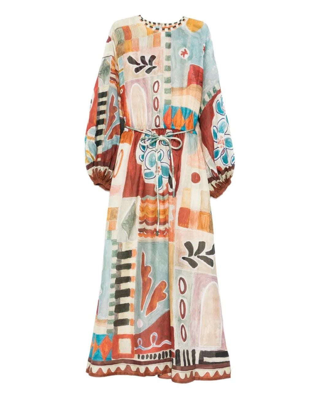 ALÉMAIS White Patchwork Tie-Belt Midi Dress